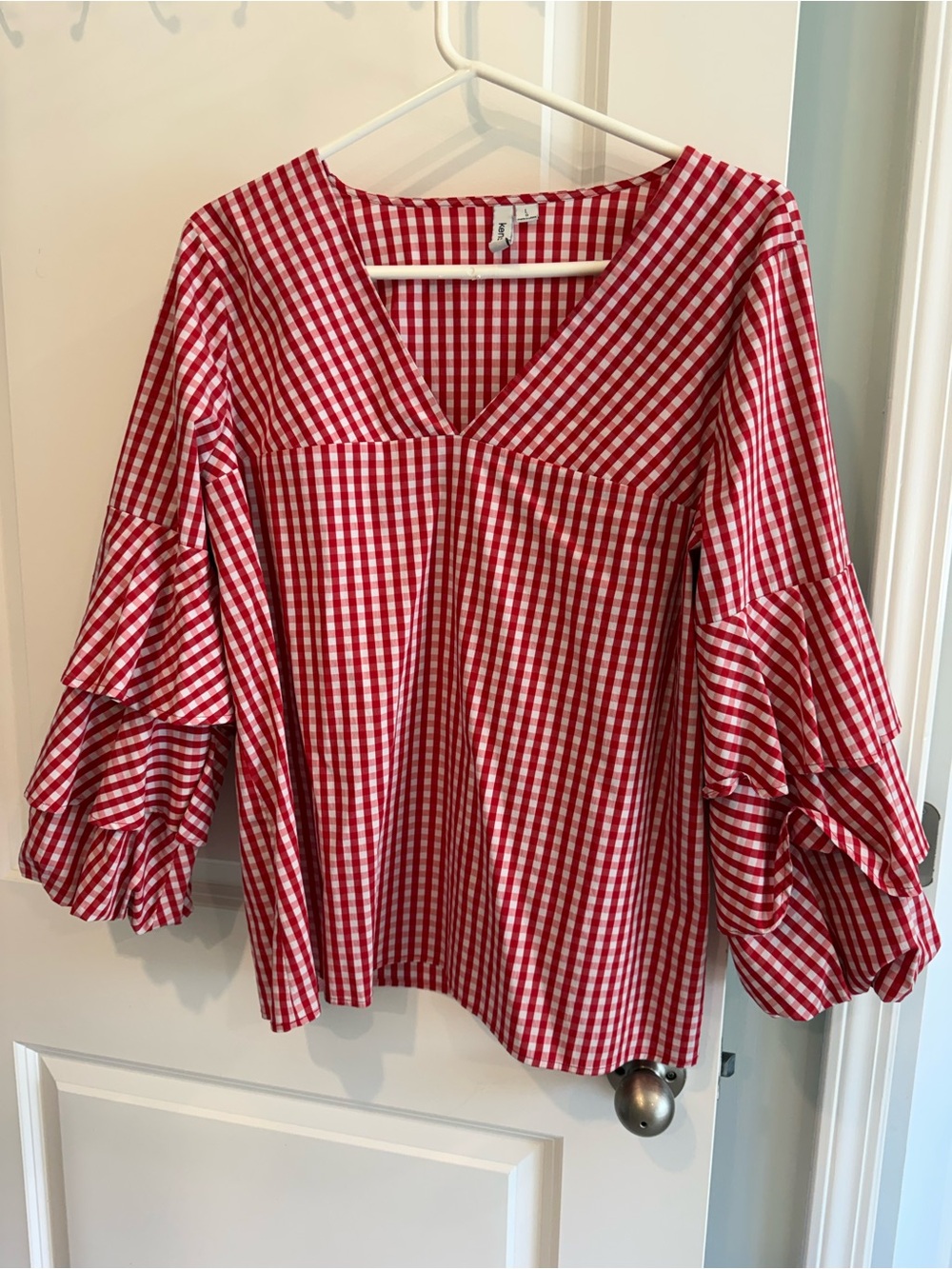 Red & White Gingham Button-Down Shirt with Ruffled Sleeves